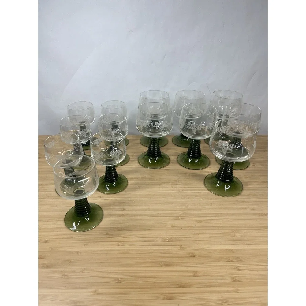 Vintage Beehive Stem Etched Wine Goblets Green Stem‎ Mixed Set of 14